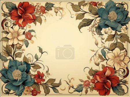Téléchargez les photos : Cadre floral vintage aux coins ornés et motifs botaniques sur fond beige - en image libre de droit