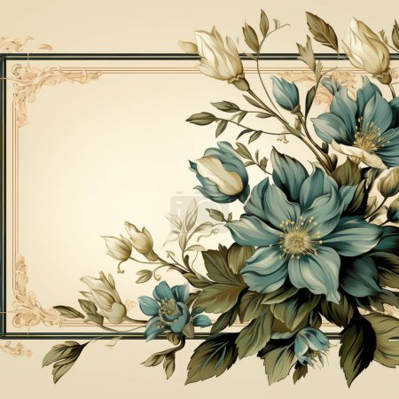 Téléchargez les photos : Cadre floral vintage élégant avec fleurs bleues fleuries et fond beige, adapté aux invitations et aux cartes. - en image libre de droit