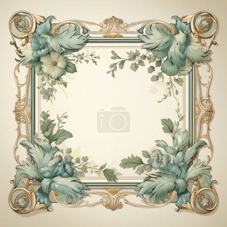 Vintage floral frame with ornate corners and blue flowers on a beige background, suitable for invitations and cards.