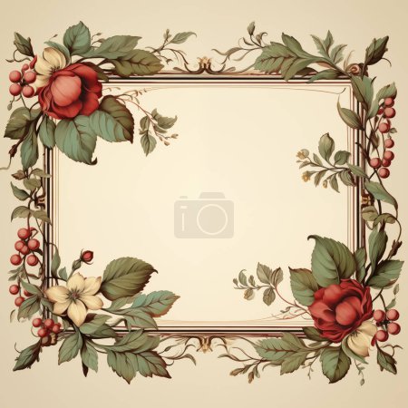 Téléchargez les photos : Cadre floral vintage avec roses rouges et feuilles vertes sur fond beige, parfait pour les invitations ou les cartes de vœux. - en image libre de droit