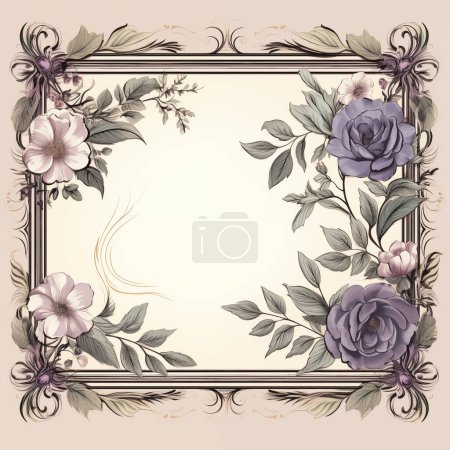 Téléchargez les photos : Elégant cadre floral vintage avec des roses et des feuilles sur fond beige, adapté aux invitations ou cartes de vœux. - en image libre de droit