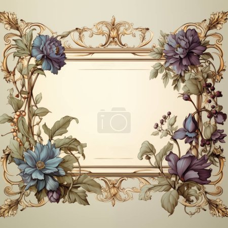 Vintage floral frame with ornate corners and colorful flowers on a beige background, suitable for invitations or cards.