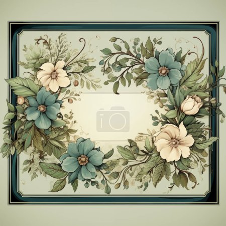 Téléchargez les photos : Cadre floral vintage avec fleurs bleues et crème et feuillage vert sur fond beige, adapté aux invitations ou aux cartes. - en image libre de droit
