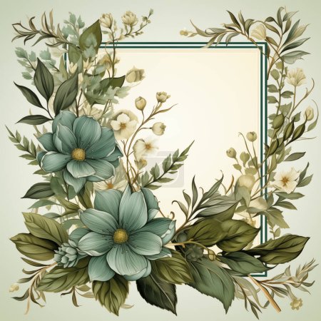 Téléchargez les photos : Design floral élégant avec des fleurs bleues et des feuilles vertes autour d'un cadre carré vierge sur un fond beige. Illustration botanique vintage. - en image libre de droit