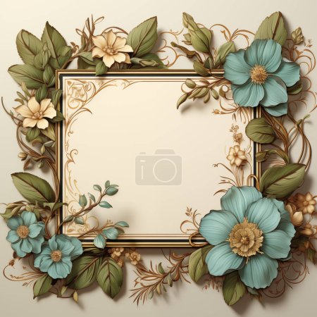 Photo for Exquisite vector frame adorned with a botanical theme featuring teal blue flowers, golden accents, and a classic cream backdrop - Royalty Free Image