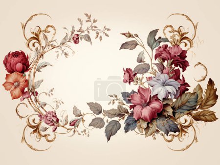 Elegantes Blumenarrangement im Vektorstil mit einer Symphonie aus Rosen und Lilien mit kunstvollen goldenen Wirbeln auf cremefarbenem Hintergrund.