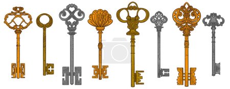 Colorful keys set of different shape ornament and secrecy in vintage style isolated vector illustration.