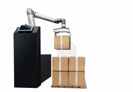 Brazo robótico realiza pick-and-place de cajas en almacén de distribución.