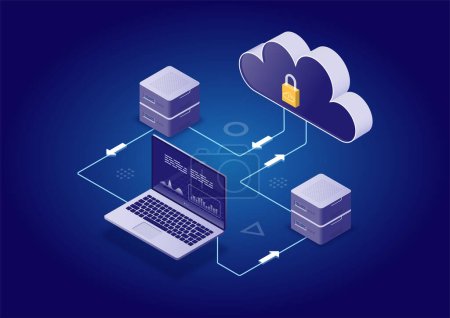 Isometrische moderne Cloud-Technologie und Vernetzung, Big Data Flow Processing Konzept. Cloud Service, Cloud Storage Web Cloud Technology Business.
