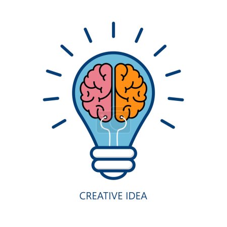 Téléchargez les illustrations : Idée créative Logo avec cerveau dans une ampoule isolée sur fond blanc. illustrateur vecteur. - en licence libre de droit