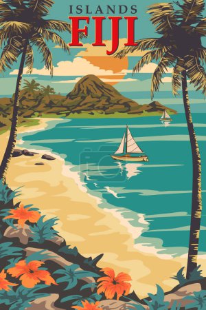 Islas Fiji Cartel de viaje vintage. Playa, palmeras, océano, costa, flora tropical, velero. Resort estilo retro vector ilustración