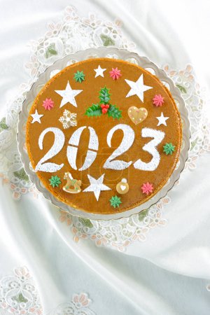 Traditional Greek new year's cake, known as vasilopita, for 2023