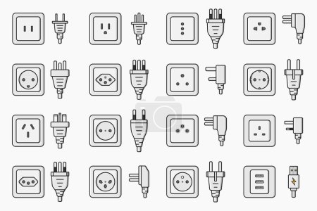 Téléchargez les illustrations : Power outlet plug world standards icons set vector flat illustration - en licence libre de droit