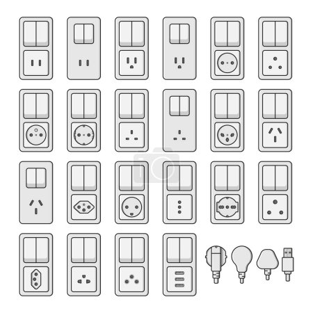Téléchargez les illustrations : Power outlet world standards icons set vector flat illustration - en licence libre de droit