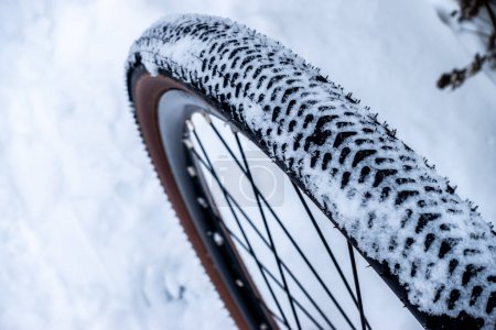 A snow-covered bicycle tire during a winter ride on snow-covered trails