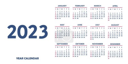 Téléchargez les illustrations : Modèle de calendrier annuel 2023. La semaine commence dimanche. Conception de calendrier en bleu et couleurs. Vecteur. - en licence libre de droit
