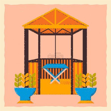 Illustration for Wooden gazebo with a table and flowerpots, flower beds. Square template in grunge style. Vector illustration on a light pink background. - Royalty Free Image