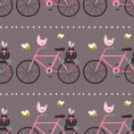 Pattern on the theme of animals. Square pattern with cat, bees and chicken, bird on bicycle. Vector illustration in grunge style on a bright background.