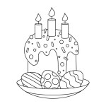 Easter eggs on a plate with an Easter cupcake and candles. Line art. Vector illustration on a white background.