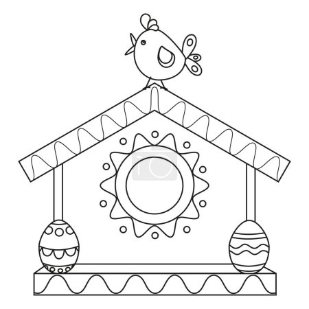 Bird feeder, birdhouse, with Easter eggs with ornament, bird, chicken. Line art. Vector illustration on a white background.
