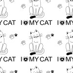 Pattern with cats, text I love my cat, pet care. Line art. Vector illustration.