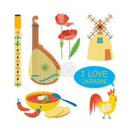 Pipe, bandura, poppy flowers, mill, borscht, rooster, text I love Ukraine. A set of elements of Ukrainian symbols. Flat vector illustration isolated on white background.