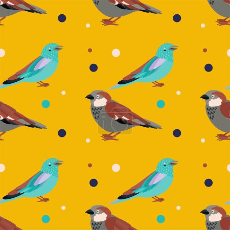 Illustration for Pattern with sparrow, coraciiformes bird. Flat vector illustration. - Royalty Free Image