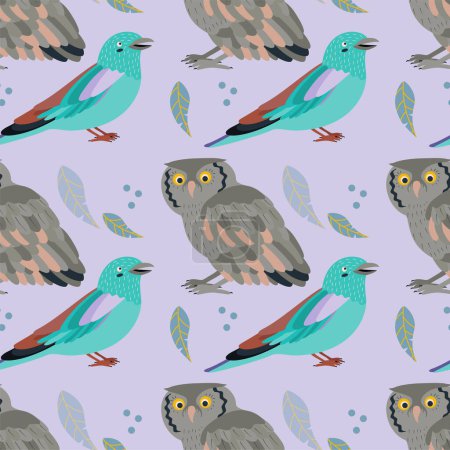 Illustration for Pattern with owl, coraciiformes bird. Flat vector illustration. - Royalty Free Image