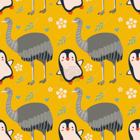 Illustration for Pattern with penguin, rhea bird. Flat vector illustration. - Royalty Free Image