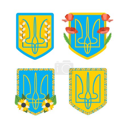 Escudo de armas de Ucrania con flores amapola, girasoles. Símbolos ucranianos. Ilustración plana vectorial aislada sobre fondo blanco.