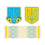 Coat of arms of Ukraine and towel with embroidery. Ukrainian symbols. Vector flat illustration isolated on white background.