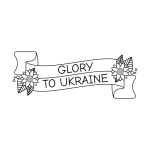 Ribbon with the inscription Glory to Ukraine. Sunflower flowers and a flag on a ribbon. Ukrainian symbols. Line art. Vector illustration isolated on white background.