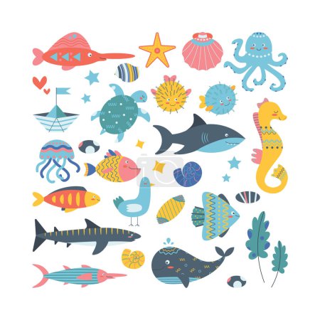 Set of marine elements algae, whale, shark, fish, seahorse, puffer fish, shells, jellyfish in flat cartoon style. Vector illustration isolated on white background.