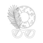 Beach set for summer trips. Sunglasses, palm leaves, inflatable circle. Flat vector illustration isolated on white background. Line art.