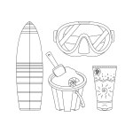 Beach set for summer trips. Sun cream, bucket, sand, mask, scuba diving, snorkeling, surfboard. Flat vector illustration isolated on white background. Line art.