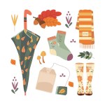 Umbrella, scarf, boots, acorn, sock, leaves, tea. Hello autumn. Autumn season element, icon. Flat vector illustration isolated on white background.