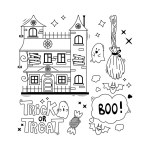 Set of cartoon Halloween elements and lettering. Trick or treat. Hand drawn vector illustration. Line art.