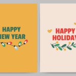 Postcard with text happy new year, merry christmas, happy holiday, garland, branch. Flat vector illustration.