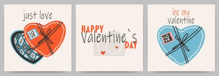 Postcards templates set for Saint Valentine's day, 14 february. Hand drawn cards with chocolate candies in a heart-shaped box, heart, text. Flat vector illustration.