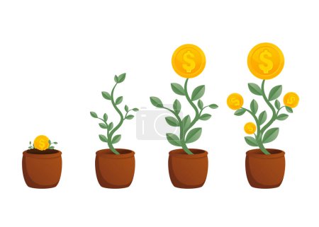 Hand with can watering money tree. Financial growth concept. Vectot illustration.