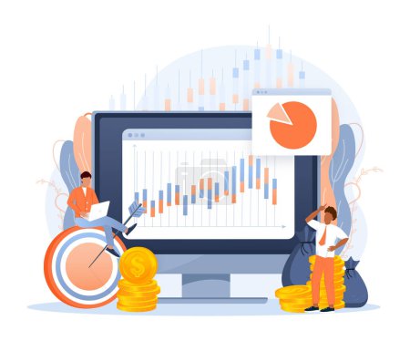 Financial trading banner in flat style. Investment trading in the stock market. Investment graph using funding business on laptop. Vector illustration.