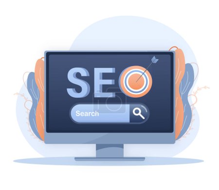 Téléchargez les illustrations : SEO Optimization, web analytics and seo marketing social media concept. Business people analytics and monitoring on web report dashboard monitor. - en licence libre de droit