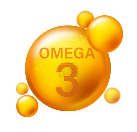 Omega 3. Gota de vitamina, cápsula de aceite de pescado, oro esencia nutrición orgánica. Cápsula de píldora. Ilustración vectorial sobre fondo blanco aislado.