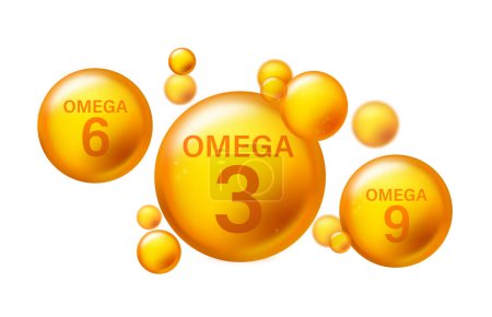 Illustration for Omega 3,6,9 gold icon set. Vitamin drop pill capsule. Shining golden essence droplet. Beauty treatment nutrition skin care design. Vector illustration - Royalty Free Image