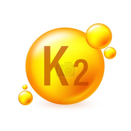 Vitamina K2 oro brillante icono cápsula píldora. Píldora cápsula vector ilustración sobre fondo aislado blanco.
