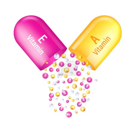 Illustration for Open capsule vitamin complex pill with falling out vitamin A and E molecules in realistic style isolated on transparent background. - Royalty Free Image