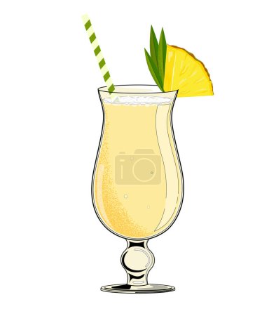 Pina Colada cocktail with pineapple slice. Hand drawn alcohol cocktail. Vector illustration.
