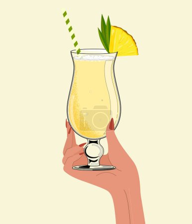 Pina Colada cocktail with pineapple slice. Hand drawn alcohol cocktail. Retro style. Vector illustration.