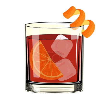 Negroni cocktail with ice cube and twist slice orange. Classic alcoholic drink. Retro style