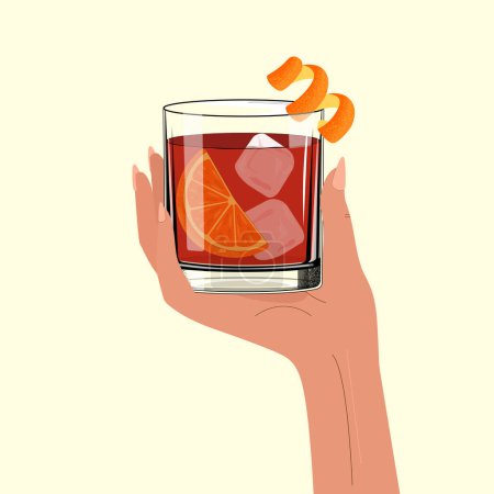 Negroni Cocktail mit Eiswürfel und Twist Slice Orange. Klassisches alkoholisches Getränk. Retro-Stil.